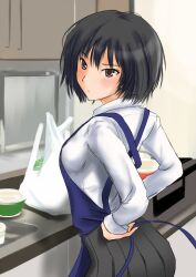  amagami apron bag black_eyes black_hair blush commentary_request female kibito_high_school_uniform kitchen murasaki_iro nanasaki_ai pleated_skirt school_uniform short_hair skirt solo 