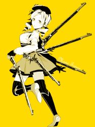  asarake beret blonde_hair character_name commentary_request corset drill_hair female gun hat magical_girl magical_musket mahou_shoujo_madoka_magica mahou_shoujo_madoka_magica_(anime) monochrome rifle solo striped_clothes striped_thighhighs thighhighs tomoe_mami tomoe_mami_(magical_girl) twin_drills twintails vertical-striped_clothes vertical-striped_thighhighs weapon yellow_background yellow_eyes yellow_theme zettai_ryouiki 