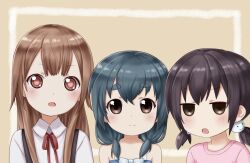  3girls :o bad_id bad_pixiv_id black_hair blue_hair brown_eyes brown_hair funami_mari furutani_kaede hair_ornament jitome light_smile lolicon long_hair looking_at_viewer multiple_girls needle_(needlebomb) oomuro_hanako open_mouth short_hair suspenders thick_eyebrows yuru_yuri 