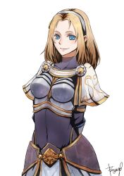  armor arms_behind_back artist_name blonde_hair blue_eyes breastplate bryanth commentary_request female hairband highres league_of_legends long_hair lux_(league_of_legends) navel signature simple_background smile solo white_background 