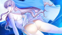  ass blonde_hair blue_eyes breasts female frill frills gakuen_taima game_cg hijirigaoka_lisa legwear long_hair looking_back moon night outdoors panties sideboob sky solo stocking thighhighs underwear 