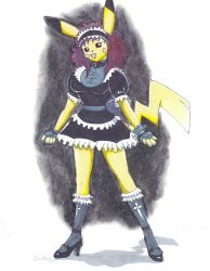  absurd_res accessory adolescent alternative_fashion anthro anthrofied big_breasts breasts cleft_tail clothing collar english_text female footwear frilly frilly_accessory frilly_hairband fur generation_1_pokemon ghstkatt goth hair_accessory hairband hi_res high_heels looking_at_viewer maid_uniform mammal nintendo pikachu pokemon pokemon_(species) pokemorph rodent solo tail text uniform yellow_body yellow_fur young 