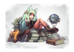  animal_ears animal_hands bad_id bad_pixiv_id book book_stack cat_ears elbow_gloves female globe gloves green_eyes green_hair holding holding_book long_hair observerz open_book open_mouth original reading sitting sitting_on_books smile solo 