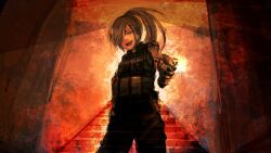  armor backlighting bee_(deadflow) borrowed_character brown_hair bulletproof_vest commentary fallout:_new_vegas fallout_(series) female fingerless_gloves firing gloves green_eyes gun handgun pants ponytail pouch smile solo stairs suzumi_(hetza) tattoo weapon 