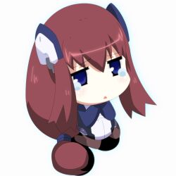  black_legwear blue_eyes bodysuit chibi d: f_walsingham female female hair_ornament highres kyoukai_senjou_no_horizon kyoukaisenjou_no_horizon open_mouth red_hair solo tears 