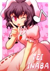  animal_ears brown_hair carrot character_name commentary_request female inaba_tewi one_eye_closed puffy_sleeves qontamblue rabbit_ears rabbit_girl rabbit_tail red_eyes short_hair short_sleeves solo tail tongue touhou 