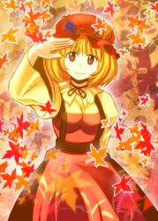  aki_minoriko blonde_hair commentary_request female food fruit grapes hat leaf long_sleeves maple_leaf orange_eyes qontamblue salute short_hair smile solo touhou wide_sleeves 