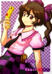  brown_eyes cellphone character_name commentary_request female hat himekaidou_hatate long_hair necktie phone pointy_ears pouch puffy_sleeves qontamblue short_sleeves smile solo tokin_hat touhou twintails 