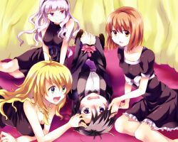  4girls :d bare_shoulders black_dress black_eyes black_hair blonde_hair bob_cut bondage bondage bound breasts brown_eyes brown_hair cleavage commentary_request dress green_eyes grey_hair hagiwara_yukiho hairband hoshii_miki idolmaster idolmaster_(classic) jewelry kikuchi_makoto long_hair medium_breasts multiple_girls necklace open_mouth oshakana photoshop_(medium) purple_eyes ribbon ribbon_bondage shijou_takane short_hair smile tuxedo wavy_mouth 