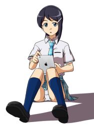  black_hair blue_eyes commentary_request female idolmaster idolmaster_dearly_stars ipad lielos mizutani_eri necktie panties pantyshot rough_time_school_(idolmaster) school_uniform solo tablet_pc underwear white_panties 