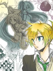  1boy 2girls apple blonde_hair commentary_request food fruit hatsune_miku kagamine_len kagamine_rin multiple_girls multiple_monochrome nyakelap partially_colored short_hair vocaloid 