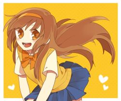  bad_id bad_pixiv_id blue_skirt brown_eyes brown_hair female hairband heart inazuma_eleven_(series) inazuma_eleven_go inazuma_eleven_go_chrono_stone long_hair nanao_(cow1212) nanobana_kinako open_mouth orange_hairband pleated_skirt raimon raimon_school_uniform school_uniform skirt solo sweater_vest 