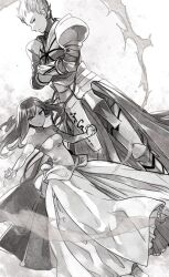  1boy armor bad_id bad_pixiv_id dress elbow_gloves fate/strange_fake fate_(series) female gilgamesh_(fate) gloves greyscale long_hair monochrome tine_chelc vox 