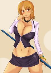  blush bracelet breasts brown_eyes cleavage cosplay female highres jewelry large_breasts looking_aside momo_765 nami nami_(one_piece) navel one_piece orange_hair short_hair skirt smile solo super_blackjack 