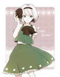  bad_id bad_pixiv_id black_hairband bloomers dress female frills green_eyes hair_ribbon hairband happy_birthday konpaku_youmu kurashiki_(kas0) petticoat photoshop_(medium) puffy_sleeves ribbon short_hair short_sleeves skirt smile solo standing touhou underwear vest white_hair 