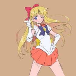  &gt;:) ;) aino_minako back_bow bishoujo_senshi_sailor_moon blonde_hair blue_eyes bow brown_background choker commentary_request cowboy_shot dated earrings elbow_gloves female gloves hairbow half_updo hand_on_own_hip isedaichi_ken jewelry long_hair magical_girl no_choker one_eye_closed orange_sailor_collar orange_skirt pointing red_bow sailor_collar sailor_senshi_uniform sailor_venus simple_background skirt smile solo standing tiara v-shaped_eyebrows white_gloves 