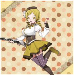  bad_link blonde_hair detached_sleeves drill_hair erubo female gun hat heart magical_musket mahou_shoujo_madoka_magica mahou_shoujo_madoka_magica_(anime) open_mouth polka_dot polka_dot_background puffy_sleeves short_hair short_sleeves solo striped thighhighs tomoe_mami tomoe_mami_(magical_girl) vertical_stripes weapon yellow_eyes 