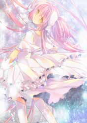  ahoge back bow choker commentary_request dress female gloves hairbow kaname_madoka long_hair looking_at_viewer looking_back mahou_shoujo_madoka_magica mahou_shoujo_madoka_magica_(anime) pink_hair short_sleeves smile solo tahya thighhighs two_side_up ultimate_madoka very_long_hair white_dress white_gloves white_thighhighs wide_sleeves yellow_eyes zettai_ryouiki 