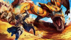  belt capcom chase claws clothing desert duo fantasy feral flying_wyvern gargantuan gloves great_sword handwear human hunter jumping male mammal melee_weapon monster_hunter ryuta sand scalie size_difference sword tigrex warrior weapon 