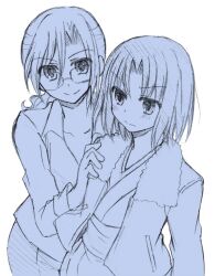  2girls aozaki_touko blue_theme commentary_request fur_collar glasses jacket japanese_clothes kara_no_kyoukai kimono monochrome multiple_girls ponytail ryougi_shiki sleeves_rolled_up suta102 