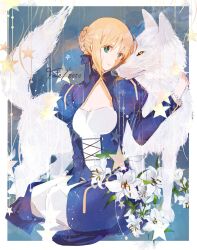  ahoge artoria_pendragon_(fate) bad_id bad_pixiv_id blonde_hair copyright_name dress fate/zero fate_(series) female flower green_eyes hair_ribbon highres juliet_sleeves kusomisoakko lily_(flower) long_sleeves puffy_sleeves ribbon saber_(fate) wolf 