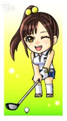  ball brown_eyes brown_hair chibi clap_hanz golf golf_ball golf_club lowres minna_no_golf side_ponytail single_glove wink winking yuna_(minna_no_golf) 