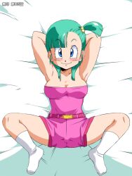  belt blue_eyes blush breasts bulma_briefs cleavage dragon_ball green_hair looking_at_viewer old_school_academy smile socks solo spread_legs 