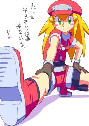  bike_shorts blonde_hair blush_stickers commentary_request female gloves green_eyes hat long_hair mega_man_(series) mega_man_legends_(series) rog_rockbe roll_caskett_(mega_man) short_shorts short_sleeves shorts solo stretching translation_request 