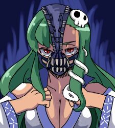  bane bane_(cosplay) batman_(series) breasts cleavage commentary_request cosplay dc_comics detached_sleeves female green_hair hair_ornament kochiya_sanae large_breasts long_hair mask parody red_eyes slit_pupils solo the_dark_knight_rises touhou zassou_maruko 