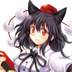  animal_ears black_hair blush book cat_ears closed_mouth commentary_request female hat kemonomimi_mode looking_at_viewer lowres orange_eyes puffy_sleeves qontamblue shameimaru_aya short_hair short_sleeves smile solo tokin_hat touhou upper_body white_background 