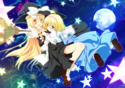  2girls :d alice_margatroid bad_id bad_pixiv_id blonde_hair blue_eyes bow broom capelet full_moon hairband hat hat_bow hat_ribbon holding inose_riku kirisame_marisa looking_at_viewer moon multiple_girls open_mouth outstretched_arm ribbon smile sparkle star_(symbol) touhou white_bow witch_hat yellow_eyes 