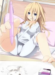  :o amputee bandages barefoot bed between_toes blonde_hair blue_eyes commentary_request drawing eraser female holding_with_feet hospital_bed intravenous_drip leg_up long_hair mazeshi oekaki_musume open_mouth original pajamas pencil sitting solo 