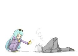  1boy blue_hair commentary_request female gloves grey_hair k&#039;_(kof) kula_diamond long_hair prostration red_eyes sunglasses the_king_of_fighters ziro_(daydozen) 