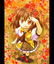  bad_id bad_pixiv_id brown_hair female hat leaf looking_at_viewer maple_leaf orange_eyes puffy_sleeves qontamblue salute shameimaru_aya short_hair short_sleeves smile solo standing tokin_hat touhou 