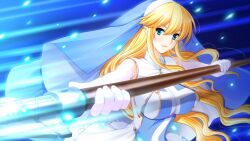  blonde_hair blue_eyes blush breasts female frill frills gakuen_taima game_cg hijirigaoka_lisa large_breasts long_hair looking_at_viewer solo weapon 