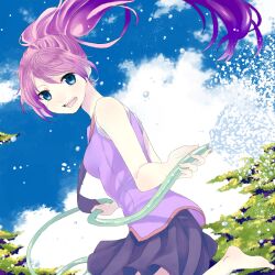  bad_id bad_pixiv_id bakemonogatari barefoot blue_eyes curry_gohan female hose long_hair monogatari_(series) naoetsu_high_school_uniform open_mouth ponytail purple_hair school_uniform senjougahara_hitagi sleeves_rolled_up water 