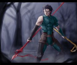  1boy ahoge bare_tree black_hair commentary_request diarmuid_ua_duibhne_(lancer)_(fate) fate/zero fate_(series) forest gae_buidhe_(fate) gae_dearg_(fate) male_focus mole mole_under_eye nature night photoshop_(medium) polearm solo spear tree weapon yellow_eyes ypj66 