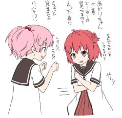  2girls akaza_akari bad_id bad_pixiv_id commentary_request hair_bobbles hair_bun hair_ornament multiple_girls nanamori_school_uniform open_mouth pink_hair red_hair saiko_dagashi school_uniform serafuku single_hair_bun translated twintails yoshikawa_chinatsu yuru_yuri 