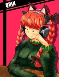  animal_ears blush bow braid cat_ears character_name closed_eyes commentary_request female hairbow headphones kaenbyou_rin long_hair qontamblue red_hair smile solo touhou twin_braids 