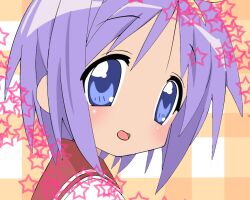  blue_eyes blush face female hiiragi_tsukasa lucky_star open_mouth portrait purple_hair short_hair smile solo 