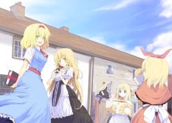  2girls :d alice_margatroid blonde_hair book bow building capelet commentary_request green_eyes hairband hat hat_bow holding holding_book hourai_doll kirisame_marisa lefthand md5_mismatch multiple_girls no_headwear open_mouth shanghai_doll smile touhou witch_hat yellow_eyes 