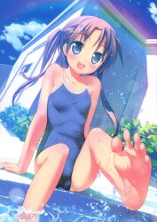  :d absurdres barefoot black_hair blue_eyes blue_one-piece_swimsuit blush cloud competition_school_swimsuit day dutch_angle feet female foot_focus foreshortening highres new_school_swimsuit one-piece_swimsuit open_mouth original pool poolside rainbow scan school_swimsuit sitting sky smile soaking_feet soles solo splashing swimsuit takoyaki_(roast) toes twintails water wet 