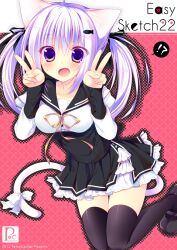  :d animal_ears black_thighhighs blush cat_ears cat_tail commentary_request cover cover_page double_v dress female hair_ribbon heart leg_up oerba_yun_fang open_mouth original photoshop_(medium) purple_eyes purple_hair ribbon sakura_hanpen smile solo spoken_heart tail thighhighs twintails v 