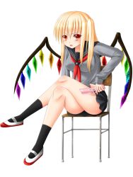  alternate_costume cellphone chair commentary_request crossed_legs crystal female flandre_scarlet hanazome_dotera long_sleeves looking_at_viewer no_headwear phone red_eyes side_ponytail sitting solo teenage touhou white_background wings 