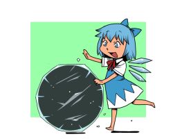  barefoot blue_dress blue_eyes blue_hair bow cirno commentary_request darkness dress female frozen hairbow onikobe_rin open_mouth puffy_sleeves rolling rumia rumia_(darkness) shirt short_hair short_sleeves smile touhou wings 