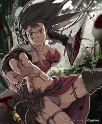  armor blood breasts brown_hair cleavage cuts cygames facial_mark feathers female foreshortening front-tie_top injury jungle large_breasts lena_(zoal) markings midriff nature navel panties pantyshot pixiv_manga_sample red_eyes shingeki_no_bahamut solo sword tree underwear weapon 