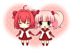  2girls :d ^_^ ahoge akaza_akari aqua_eyes bad_id bad_pixiv_id chibi closed_eyes double_bun hair_bobbles hair_bun hair_ornament hasune heart heart_background holding_hands multiple_girls nanamori_school_uniform open_mouth pink_hair polka_dot polka_dot_background red_hair school_uniform serafuku single_hair_bun smile twintails yoshikawa_chinatsu yuru_yuri 