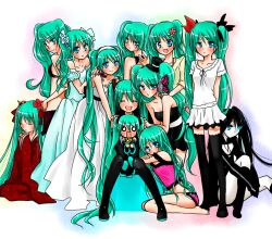  6+girls :d ^_^ acute_(vocaloid) aqua_hair arms_behind_back bare_shoulders black_dress black_rock_shooter black_rock_shooter_(character) blue_dress blue_eyes boots cendrillon_(vocaloid) closed_eyes commentary_request costume_chart dress e?_aa_sou._(vocaloid) flower hachune_miku hair_flower hair_ornament hairband hand_on_shoulder hatsune_miku japanese_clothes kimono long_hair looking_at_viewer looking_back magnet_(vocaloid) melt_(vocaloid) multiple_girls multiple_persona nyakelap o_o odd_one_out open_mouth own_hands_clasped own_hands_together panties puffy_short_sleeves puffy_sleeves romeo_to_cinderella_(vocaloid) shiroi_yuki_no_princess_wa_(vocaloid) short_sleeves sitting skirt smile songover standing thigh_boots thighhighs underwear underwear_only very_long_hair vocaloid waving white_dress world_is_mine_(vocaloid) yumemiru_kotori_(vocaloid) 