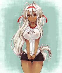  aki_(prdx85) antenna_hair bad_id bad_pixiv_id black_shorts blush breasts breasts_squeezed_together dark-skinned_female dark_elf dark_skin elf female gym_shorts gym_uniform headband large_breasts long_hair looking_at_viewer pointy_ears sansei_muramasa shirt_tug shorts solo soukou_akki_muramasa sportswear standing sweat very_long_hair white_hair yellow_eyes 