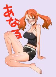  anjou_naruko ano_hi_mita_hana_no_namae_wo_bokutachi_wa_mada_shiranai. barefoot belt blush breasts camisole cleavage commentary_request female large_breasts navel orange_eyes orange_hair photoshop_(medium) sanazura_hiroyuki shorts solo sweat twintails 